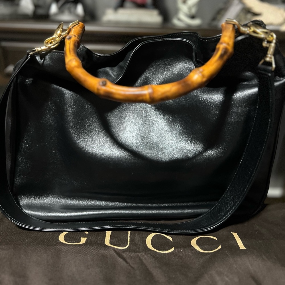 Gucci Black and Brown Shoulder Bag with Gold Hardware